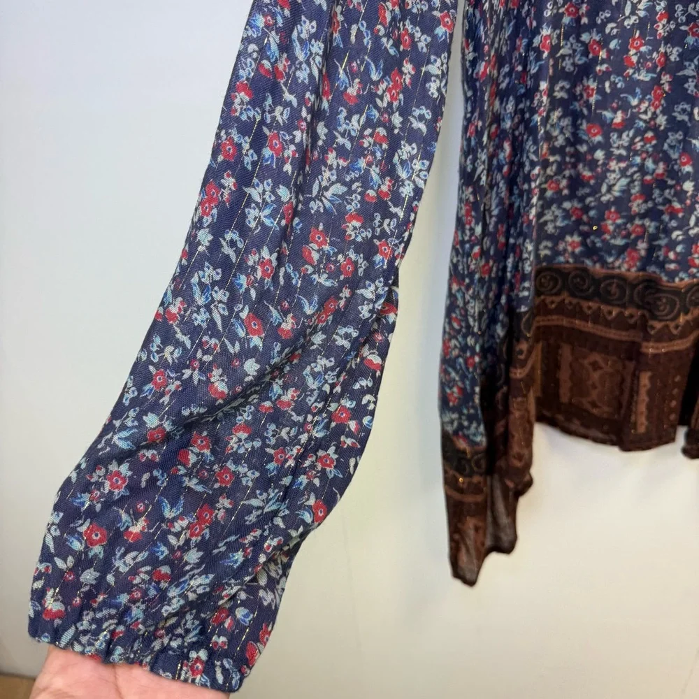 Free‎ People Dream Lovers Tunic Navy Brown Floral metallic Medium Boho Festival